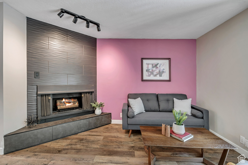 Living area with track lighting, wood finished floors, baseboards, and a fireplace