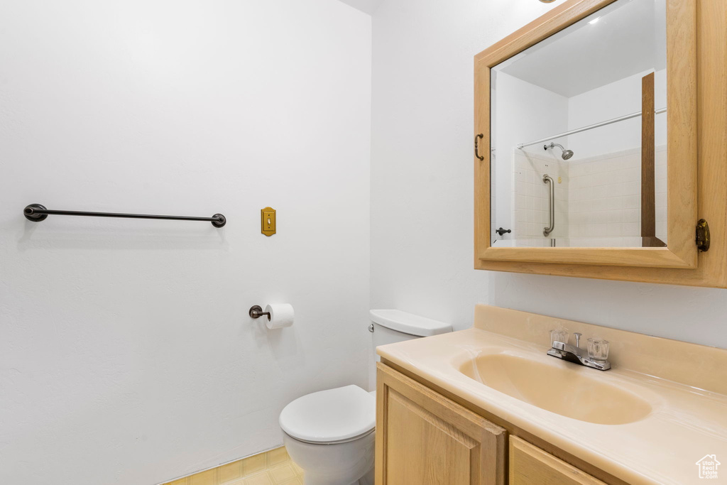 Full bath featuring toilet, walk in shower, and vanity