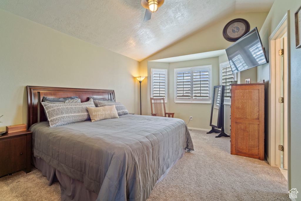Bedroom with a textured ceiling, vaulted ceiling, carpet floors, and baseboards