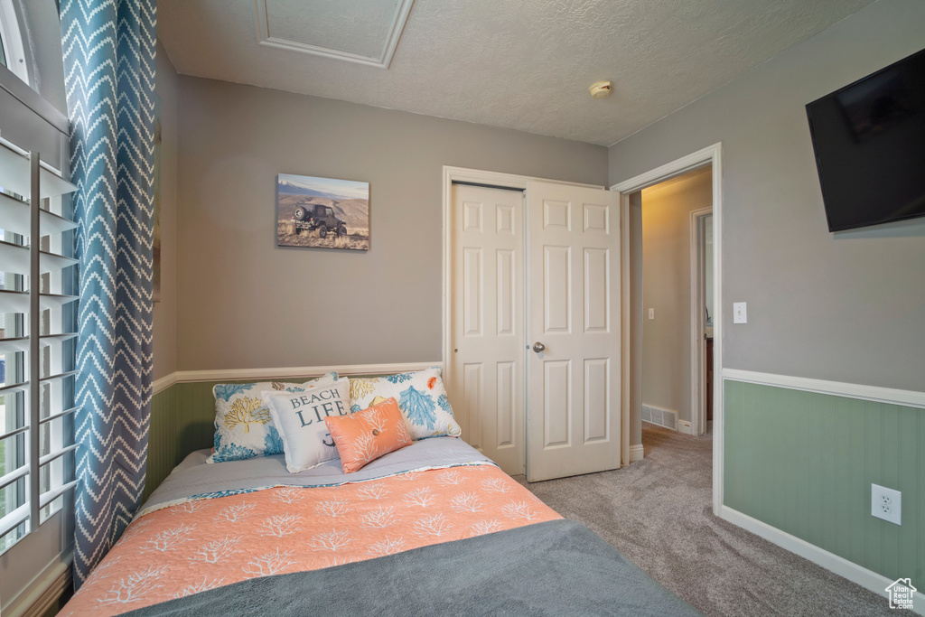 Carpeted bedroom with baseboards, visible vents, attic access, and a closet