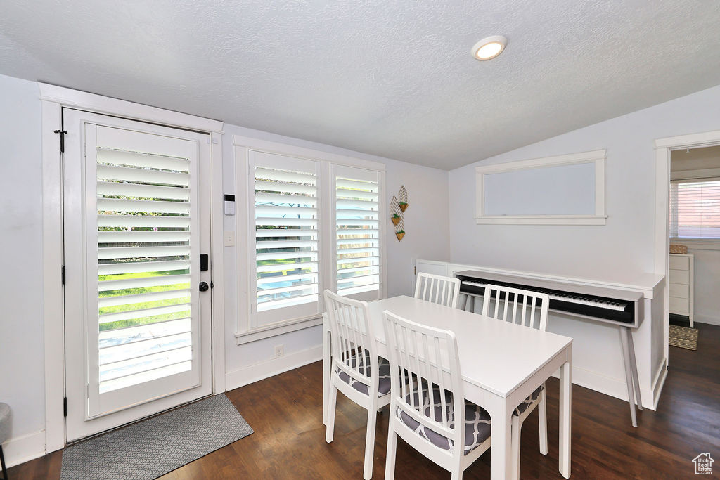 Interior space featuring baseboards, a textured ceiling, vaulted ceiling, and dark wood-style floors