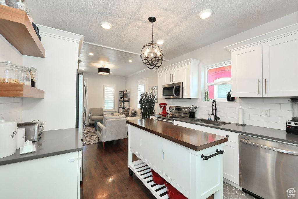 Kitchen with butcher block counters, recessed lighting, a sink, stainless steel appliances, and open floor plan
