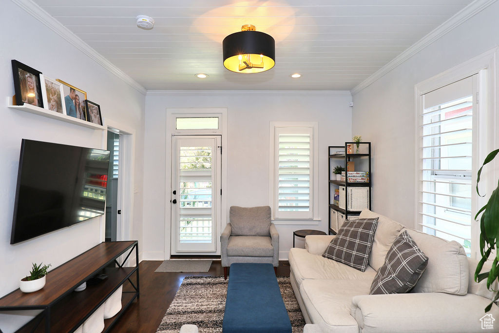 Living area featuring ornamental molding, baseboards, recessed lighting, and wood finished floors