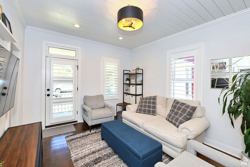 Living room featuring crown molding, recessed lighting, and wood finished floors