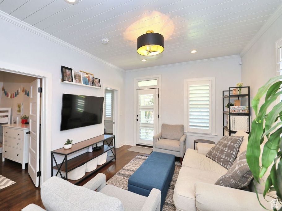 Living area with crown molding, baseboards, dark wood-style floors, and recessed lighting