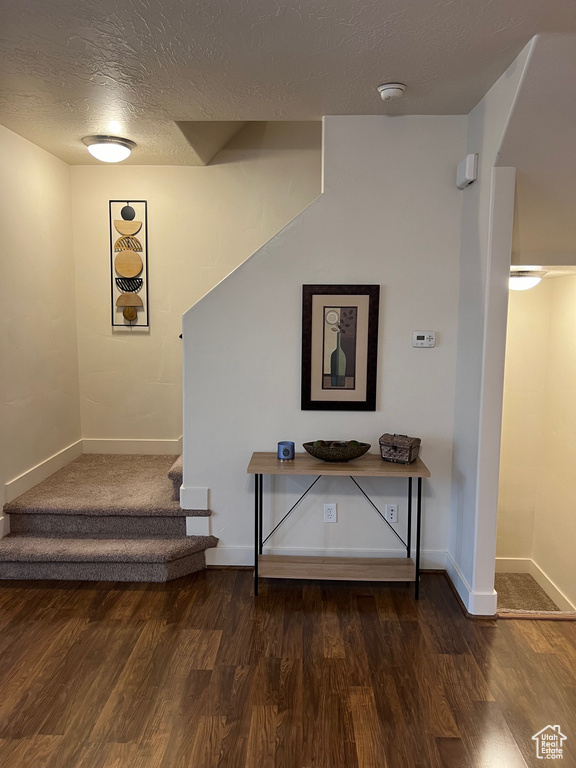 Staircase featuring baseboards, a textured ceiling, and wood finished floors