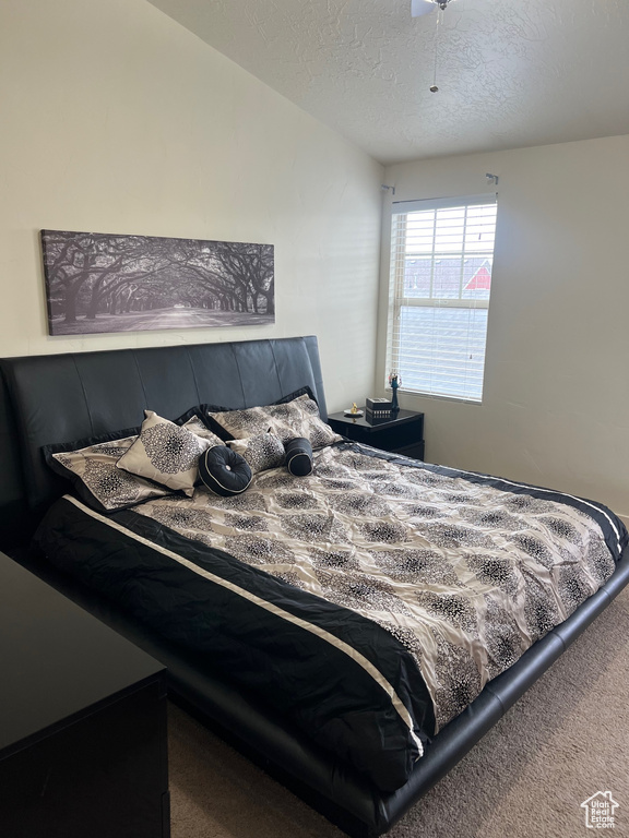 Bedroom featuring carpet and a textured ceiling