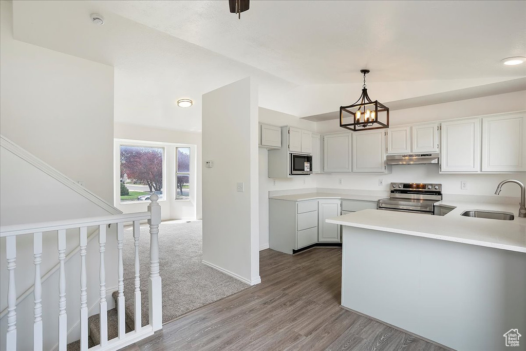 Kitchen featuring stainless steel range with electric stovetop, a sink, a chandelier, under cabinet range hood, and wood finished floors