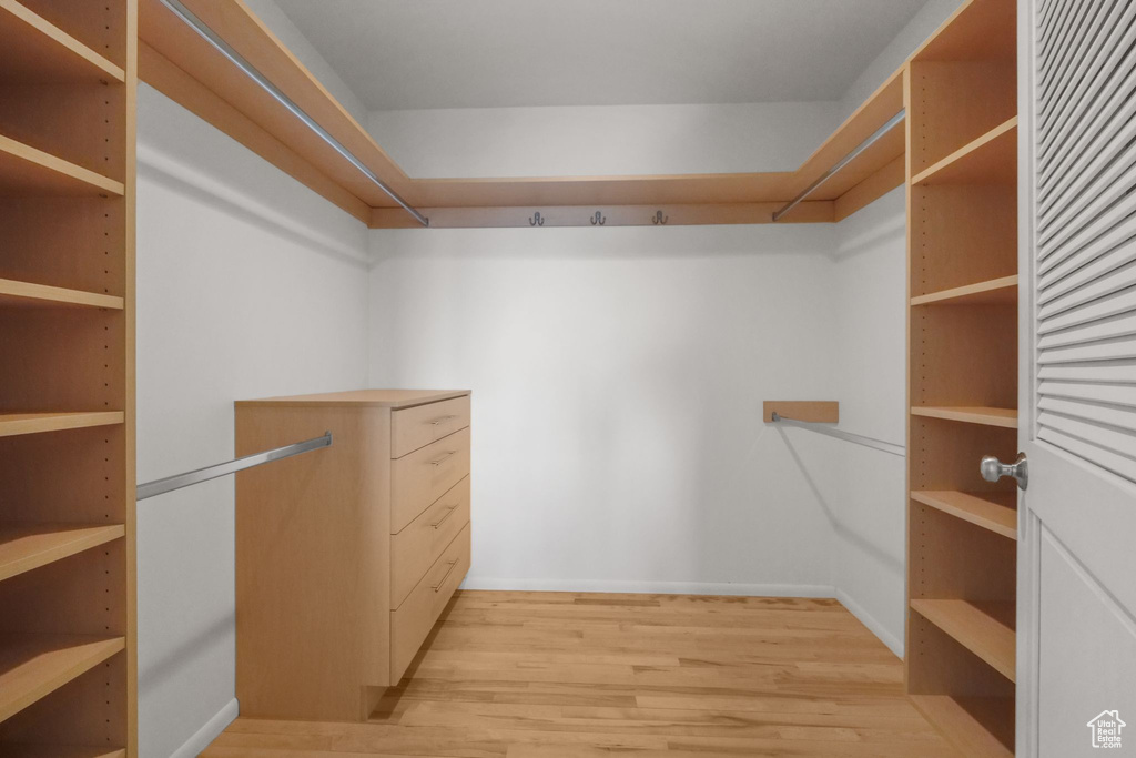 Walk in closet with light wood-style flooring