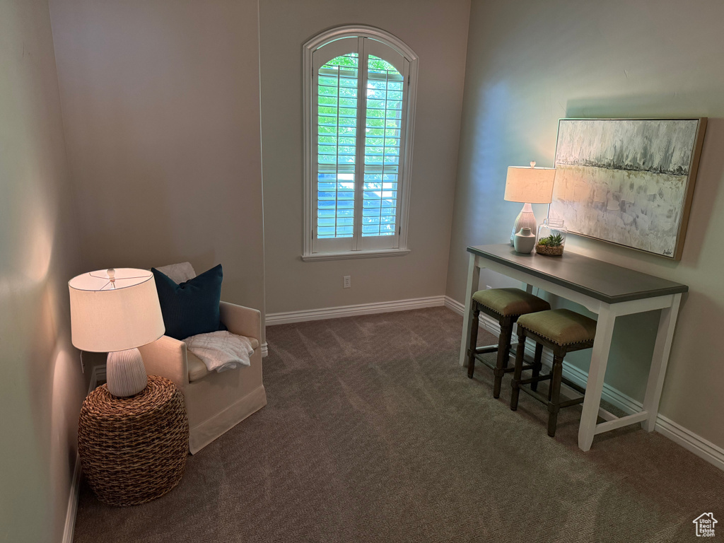 Living area with carpet floors and baseboards