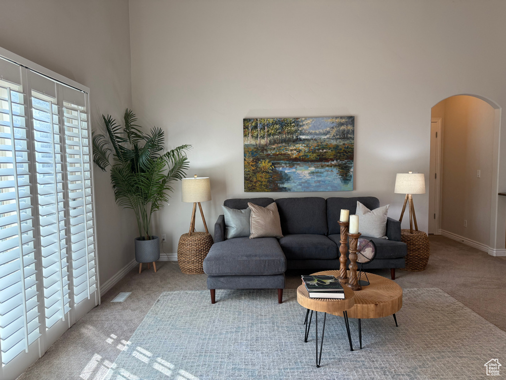 Carpeted living room featuring arched walkways, a towering ceiling, and baseboards