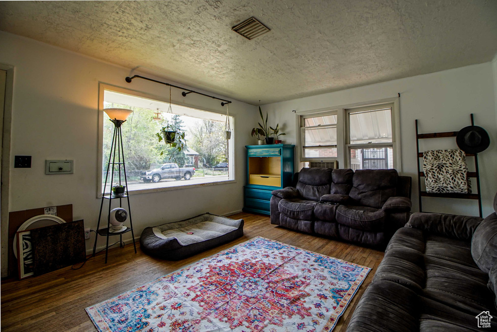 Living area with a textured ceiling, wood finished floors, and plenty of natural light