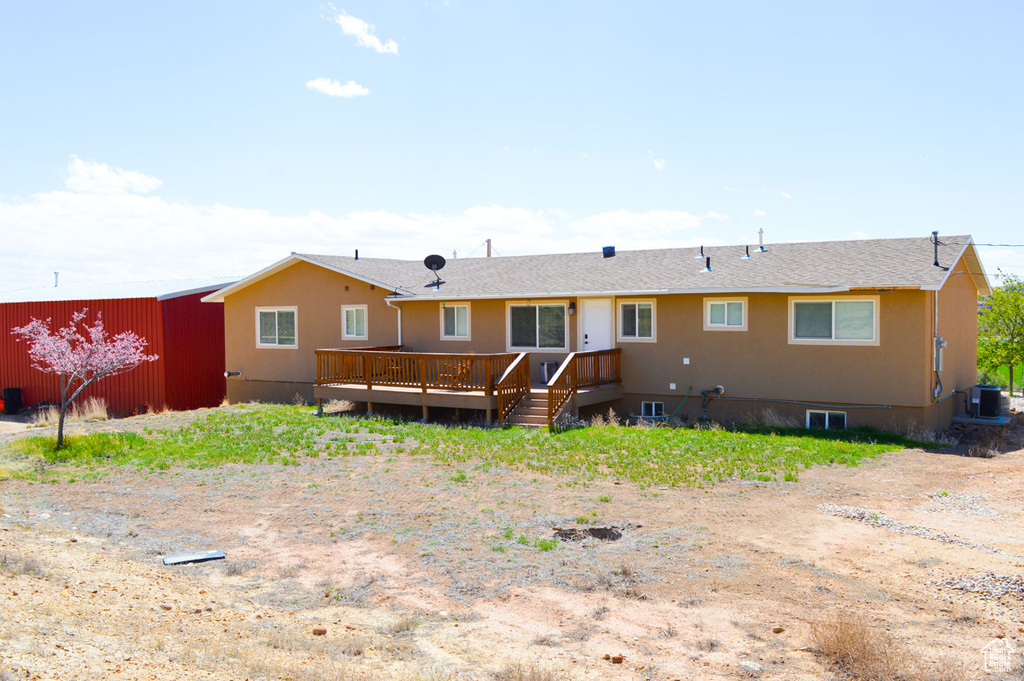 Rear view of house with cooling unit, a deck, and stucco siding