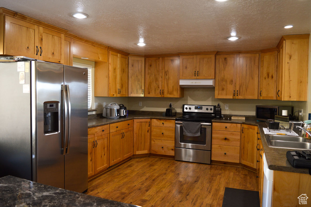 Kitchen featuring recessed lighting, a sink, under cabinet range hood, dark wood-type flooring, and appliances with stainless steel finishes