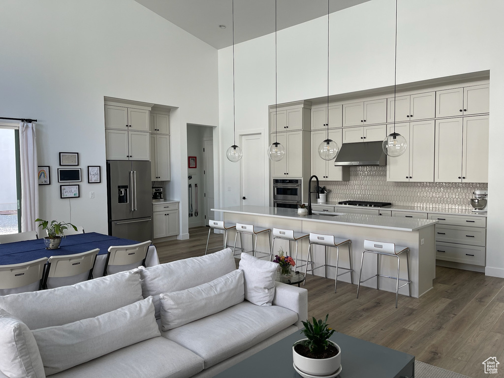 Living room featuring wood finished floors and a high ceiling