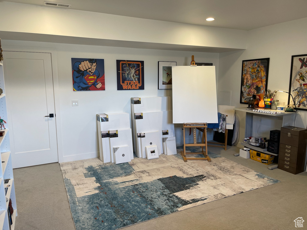 Miscellaneous room with recessed lighting, visible vents, and carpet floors