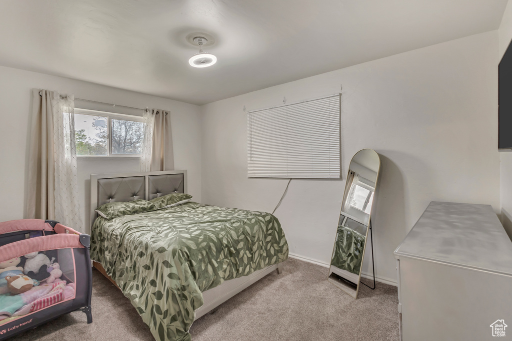 Carpeted bedroom featuring baseboards and multiple windows