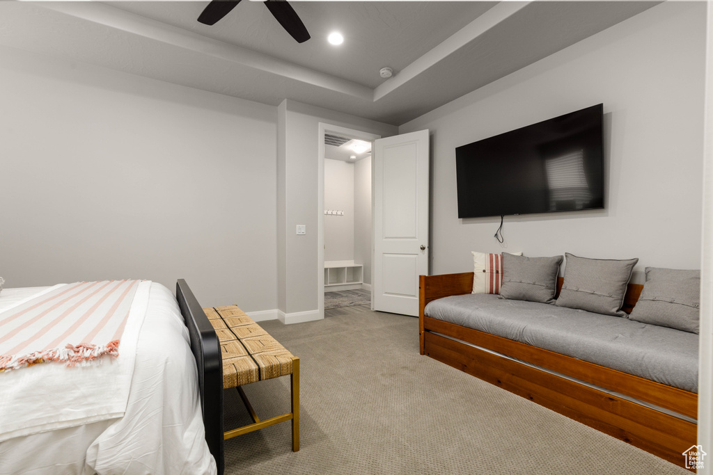 Bedroom featuring carpet, baseboards, a ceiling fan, and recessed lighting