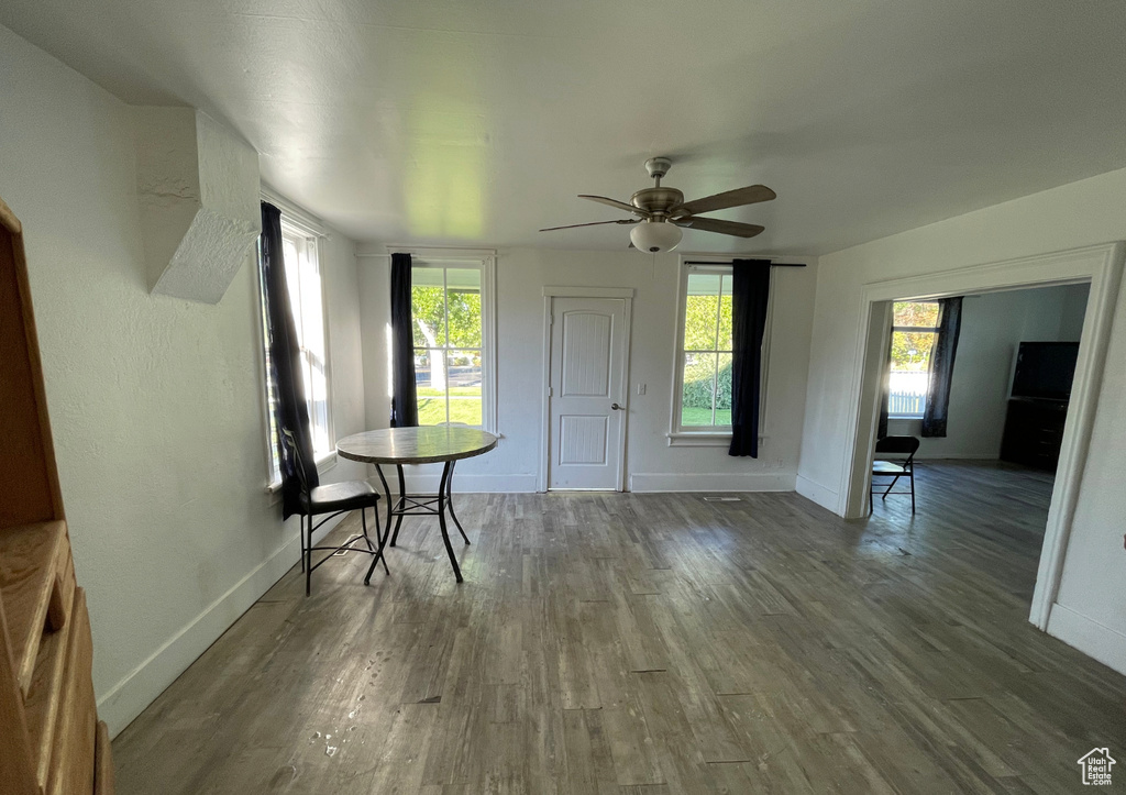 Dining space featuring wood finished floors, ceiling fan, plenty of natural light, and baseboards