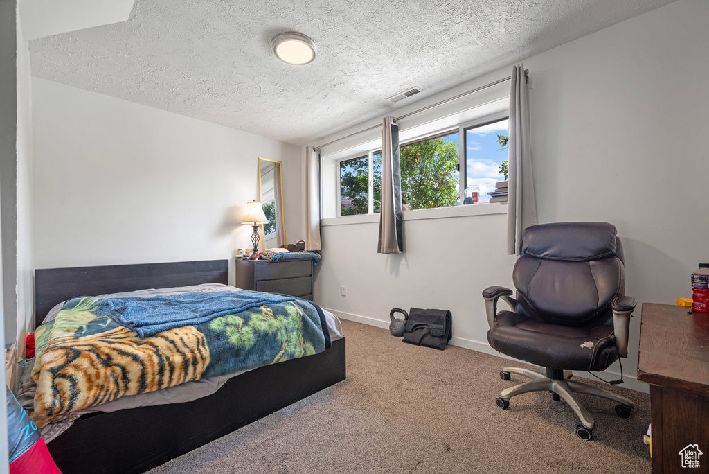 Carpeted bedroom with a textured ceiling and baseboards