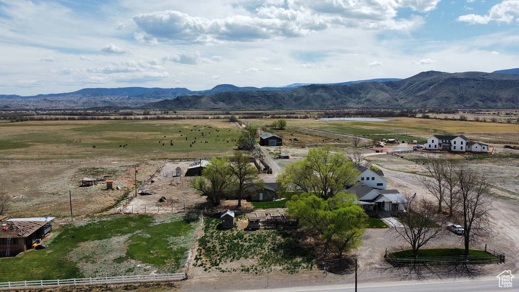Drone / aerial view featuring a mountain view and a rural view