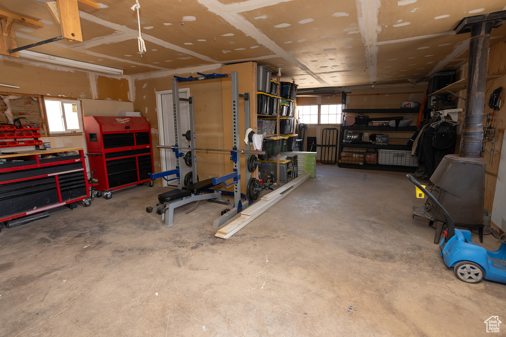 Garage featuring a workshop area