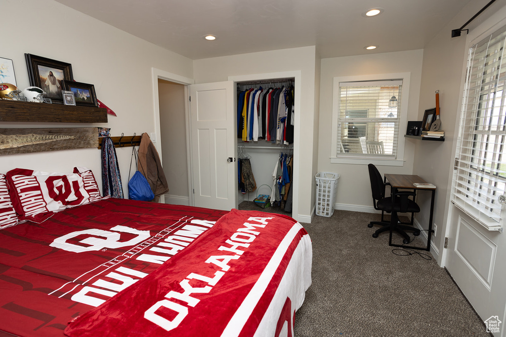 Bedroom with recessed lighting, a closet, carpet floors, and baseboards