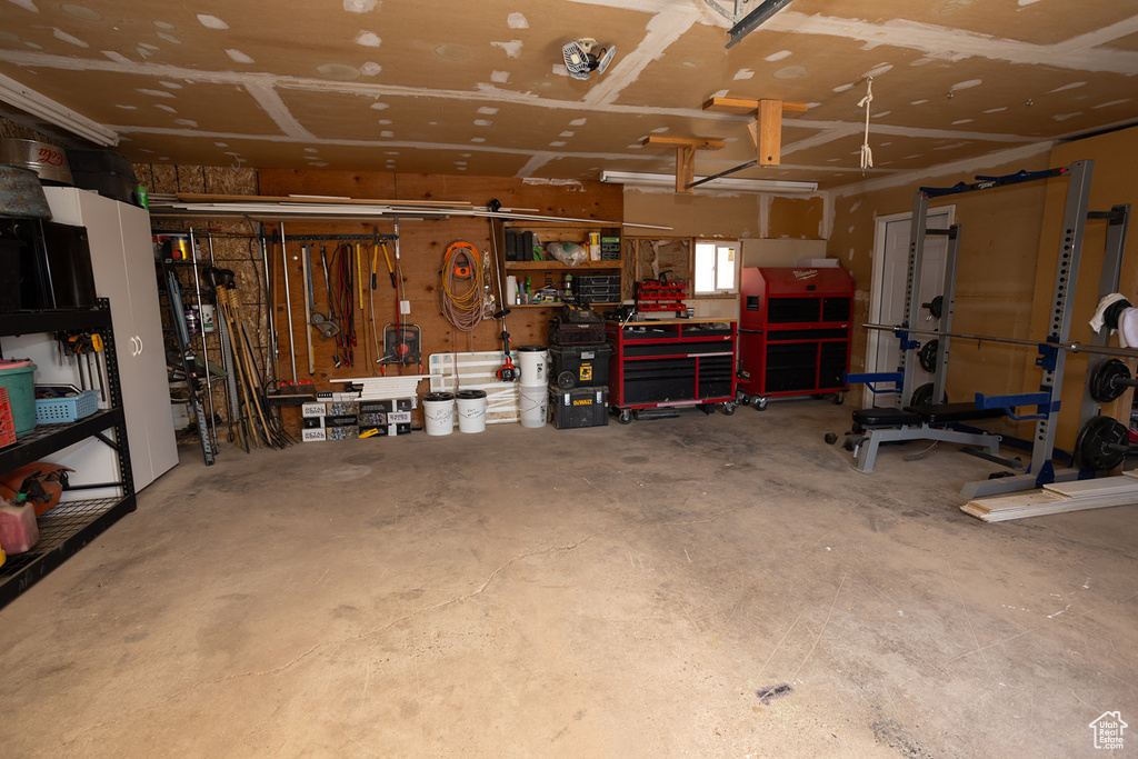 Garage with a workshop area