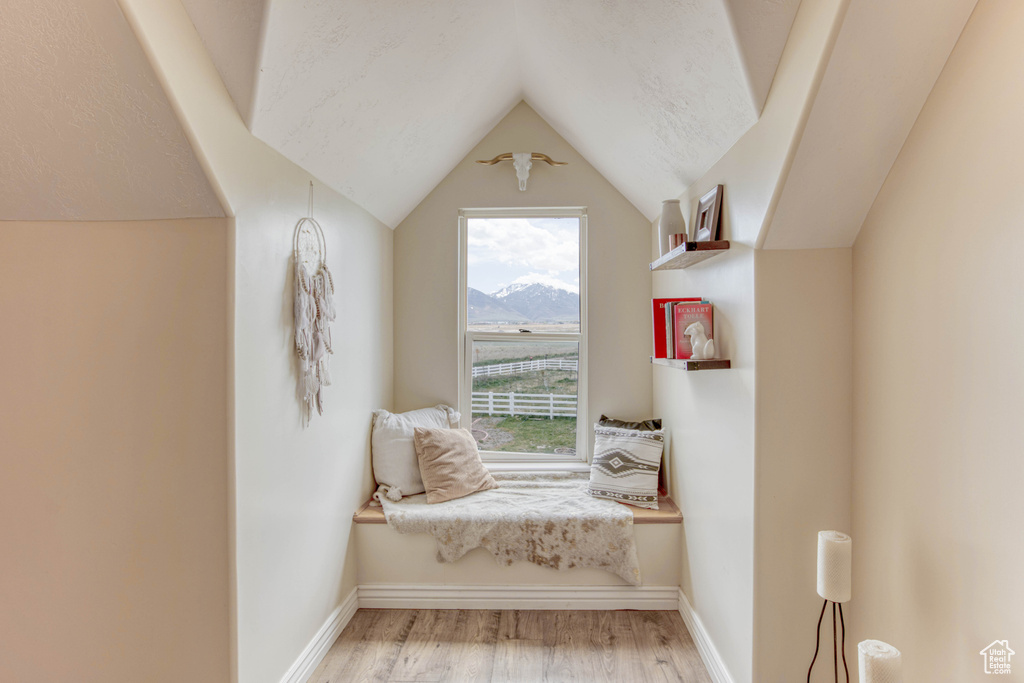 Interior space with light wood finished floors, baseboards, lofted ceiling, and a mountain view