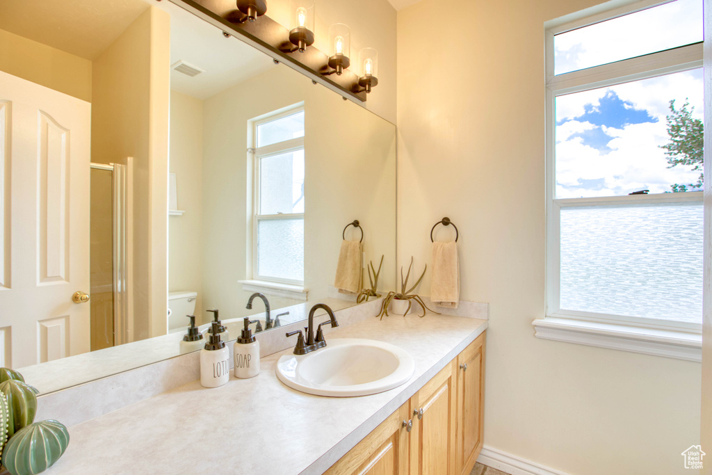 Bathroom featuring visible vents, a healthy amount of sunlight, vanity, and a shower stall