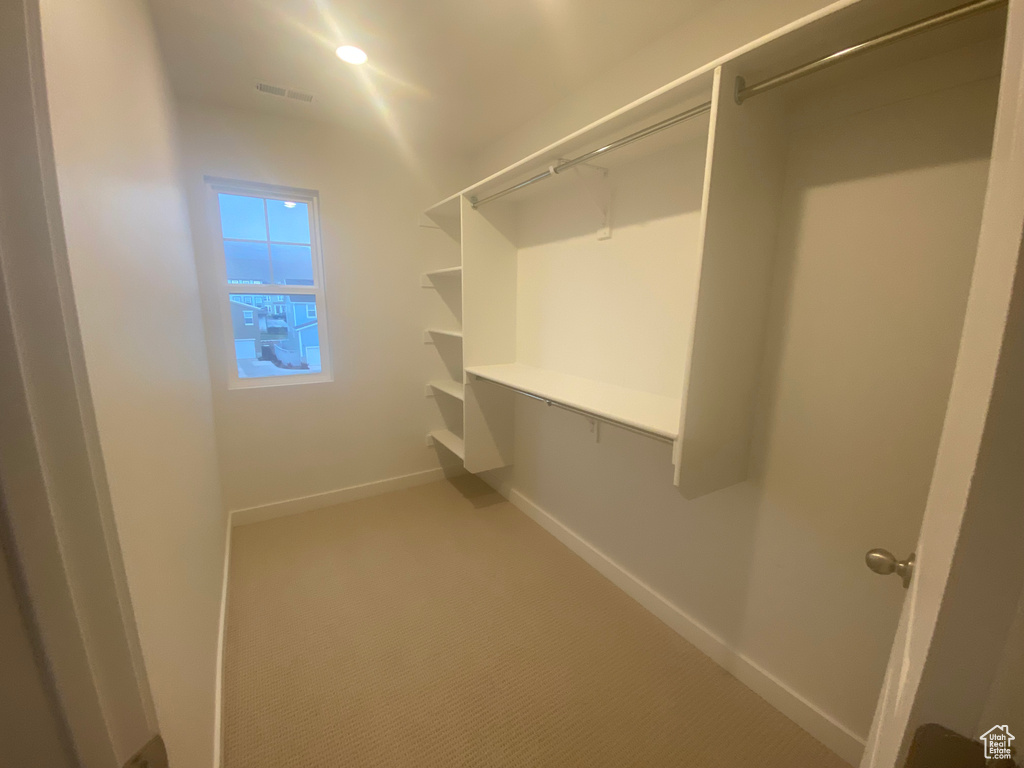 Spacious closet with visible vents and carpet floors