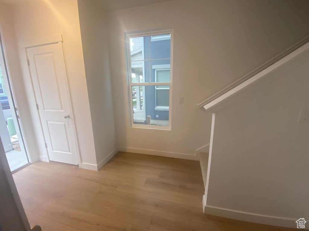 Interior space featuring baseboards, light wood-style flooring, and plenty of natural light