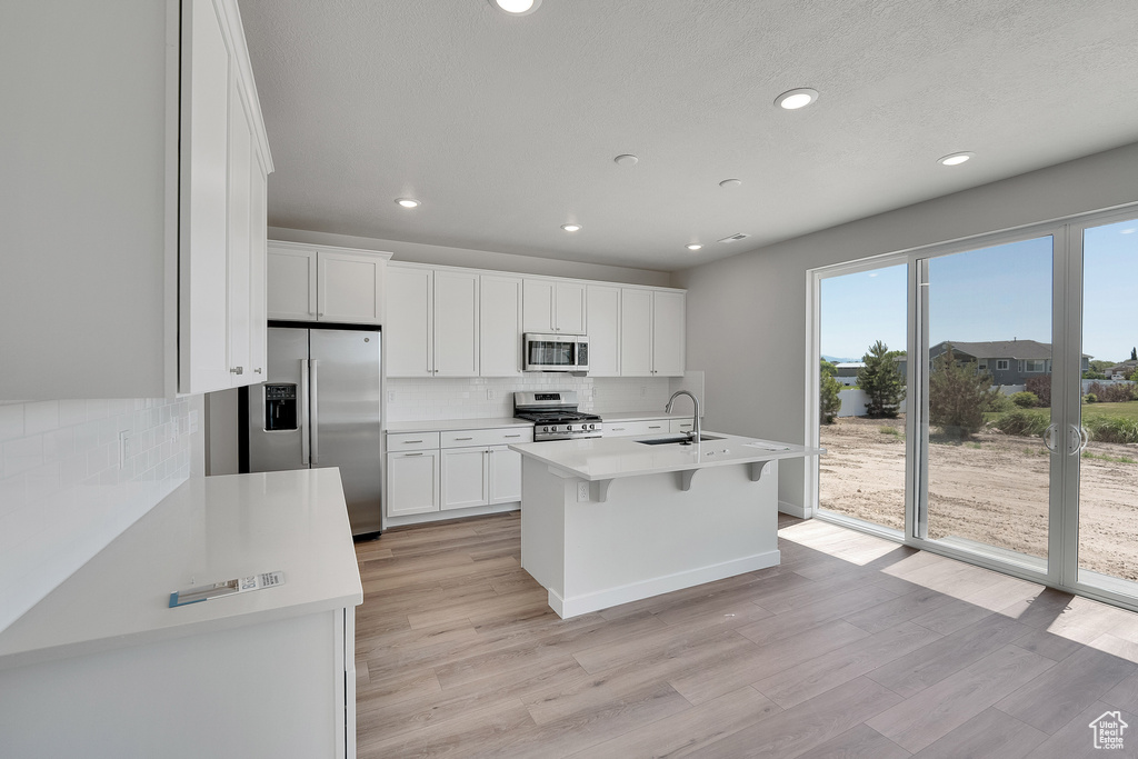 Kitchen with appliances with stainless steel finishes, a sink, backsplash, light wood-type flooring, and recessed lighting