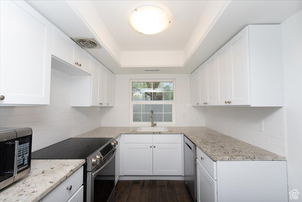 Kitchen with light stone counters, tasteful backsplash, stainless steel appliances, and a sink