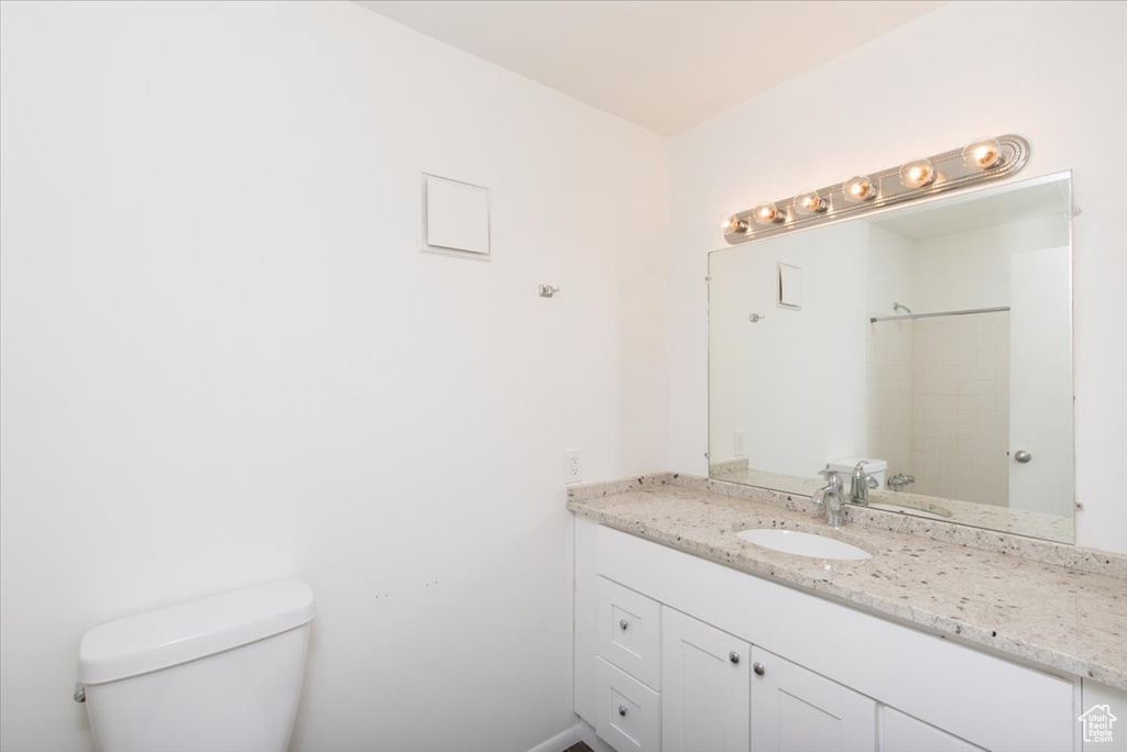 Full bath featuring toilet, a shower, and vanity
