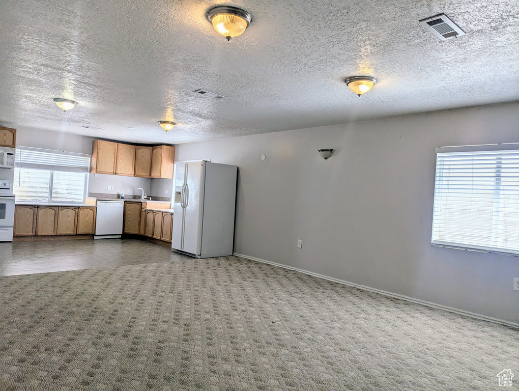 Kitchen featuring white appliances, light countertops, a textured ceiling, a sink, and baseboards