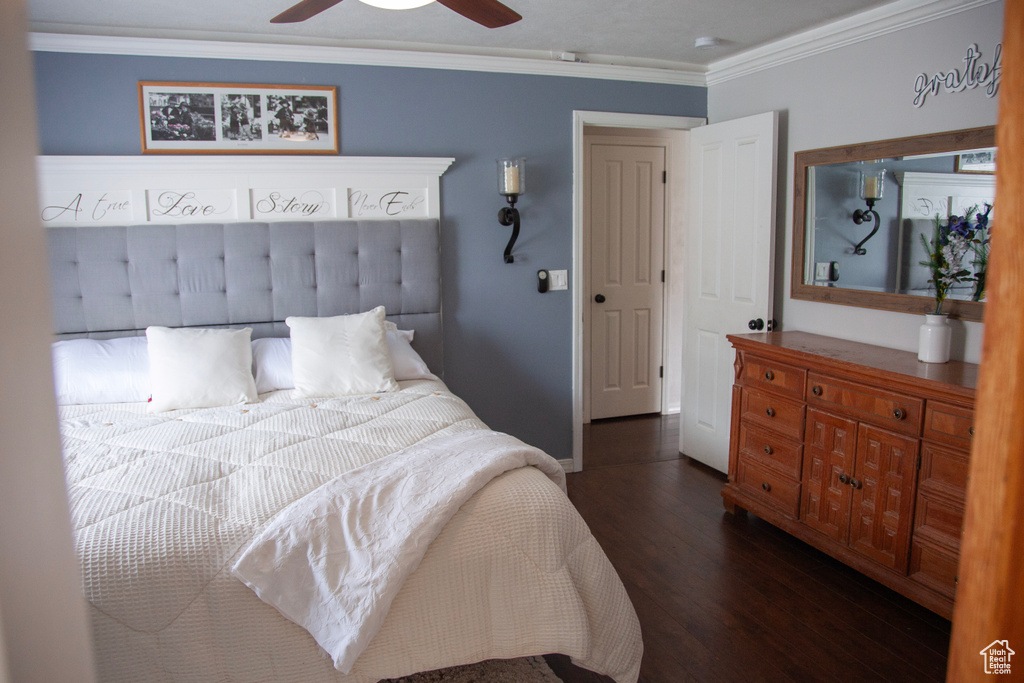 Bedroom with wood finished floors, ceiling fan, ornamental molding, and baseboards
