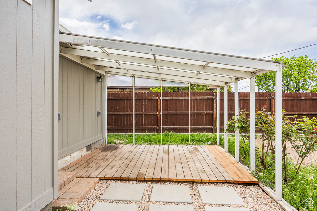Wooden deck with a fenced backyard