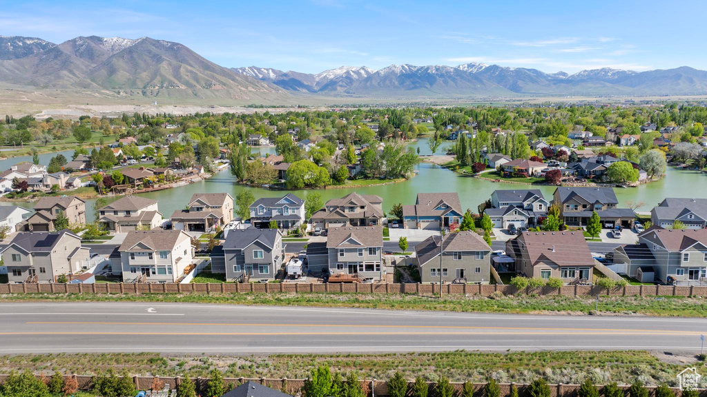 Aerial view with a residential view and a water and mountain view