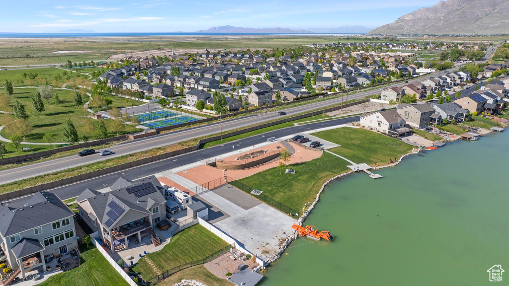 Aerial view with a residential view and a water and mountain view