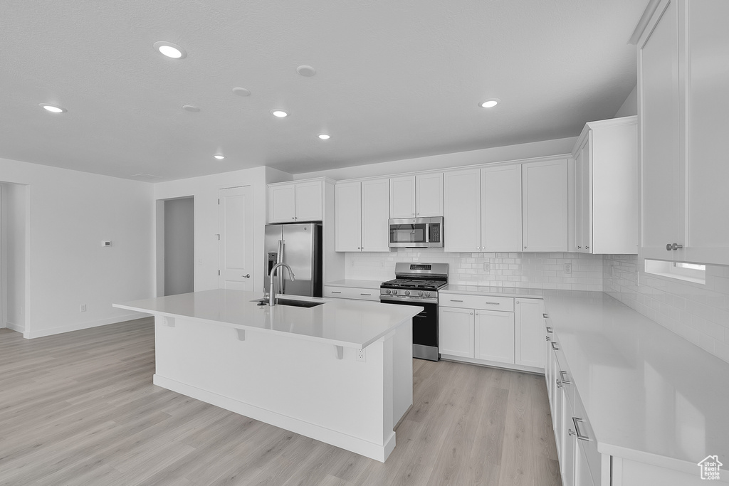 Kitchen with stainless steel appliances, a sink, light wood finished floors, an island with sink, and decorative backsplash