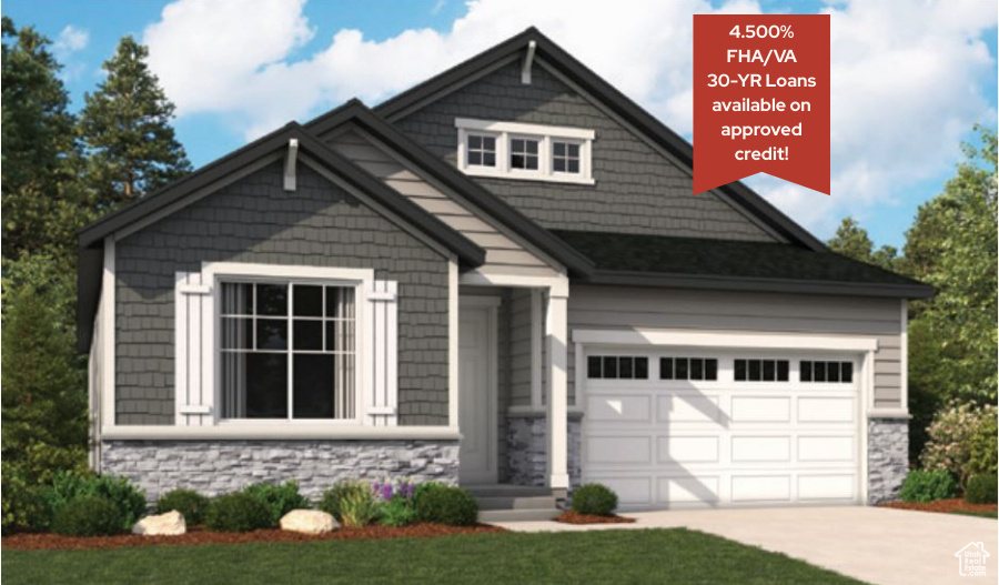 Craftsman-style house with stone siding, concrete driveway, and a front yard
