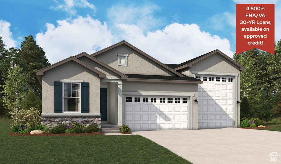 View of front of home with concrete driveway, stucco siding, an attached garage, stone siding, and a front yard