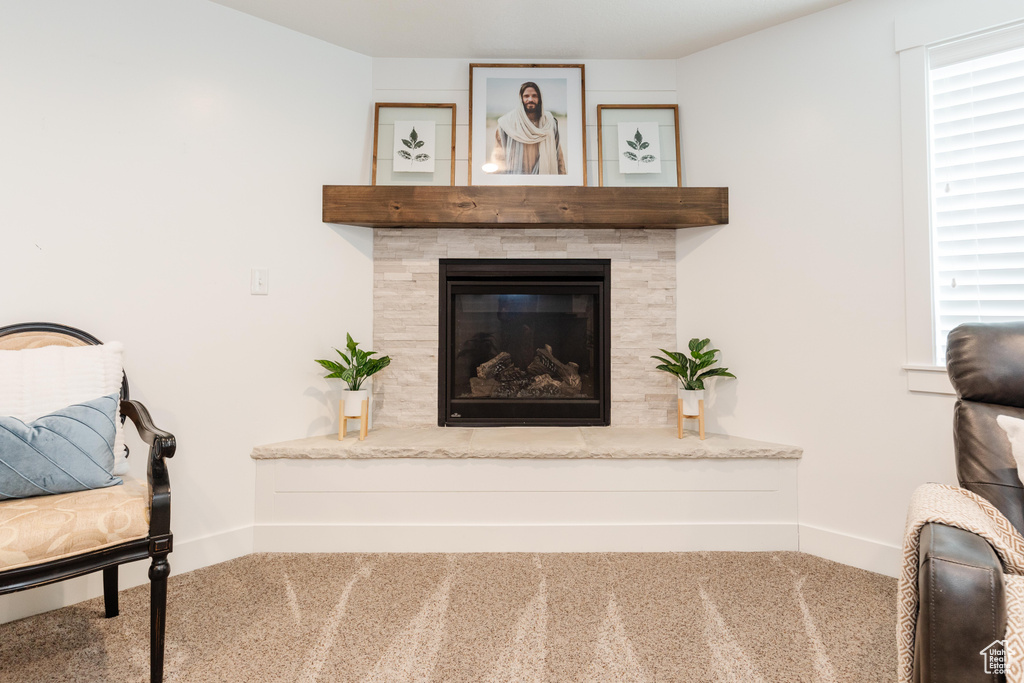Interior details featuring carpet, a glass covered fireplace, and baseboards