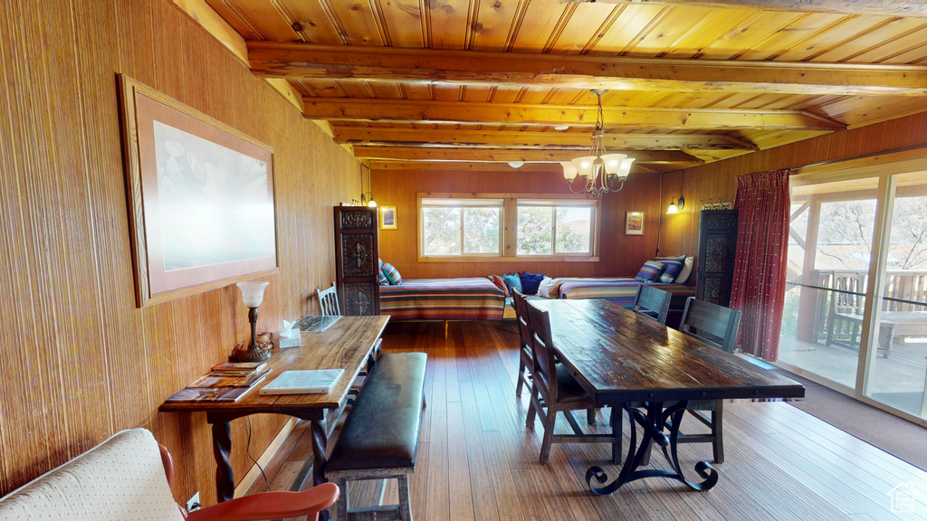 Dining space featuring wooden walls, an inviting chandelier, beam ceiling, and hardwood / wood-style flooring