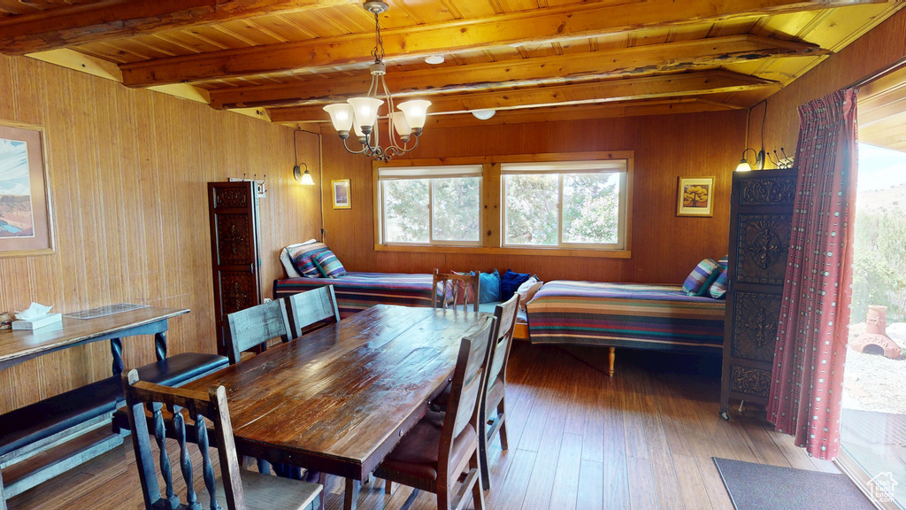 Dining space with wooden walls, beamed ceiling, wood-type flooring, and a notable chandelier