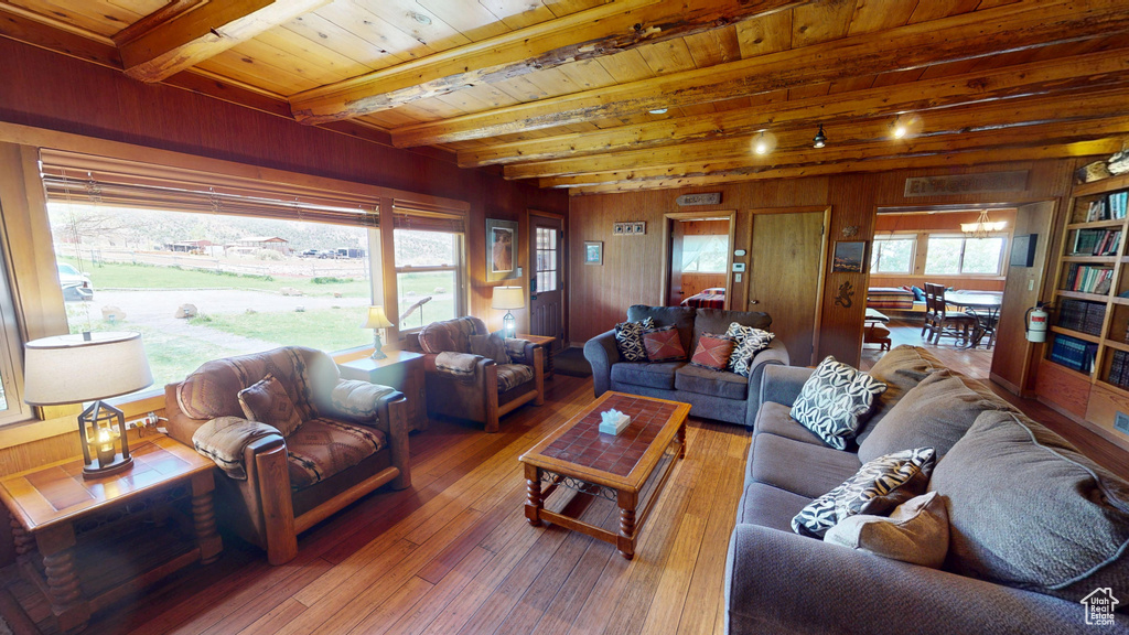 Living room with wood walls, wooden ceiling, hardwood / wood-style flooring, and beamed ceiling