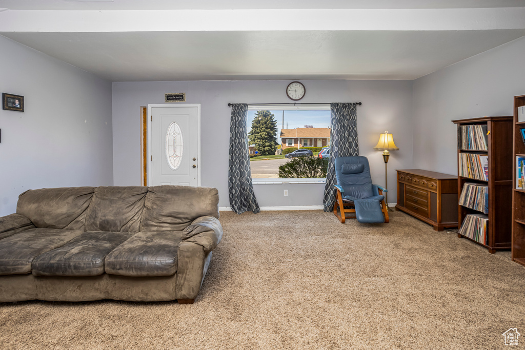 Carpeted living area with baseboards