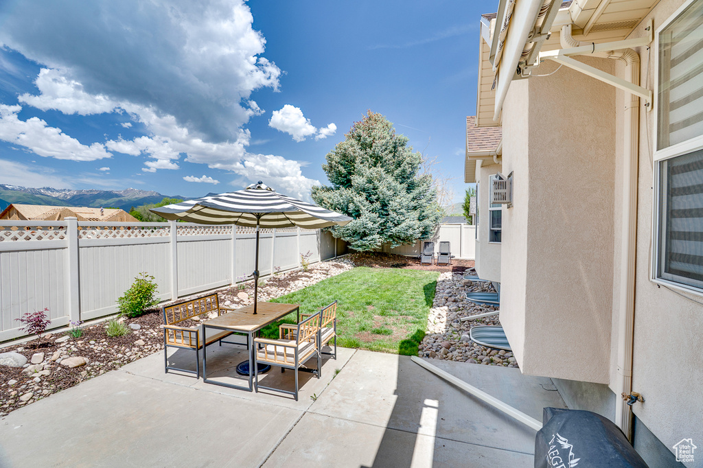 Fenced backyard with a patio area