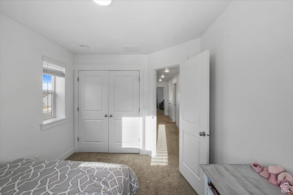 Bedroom with a closet and carpet flooring